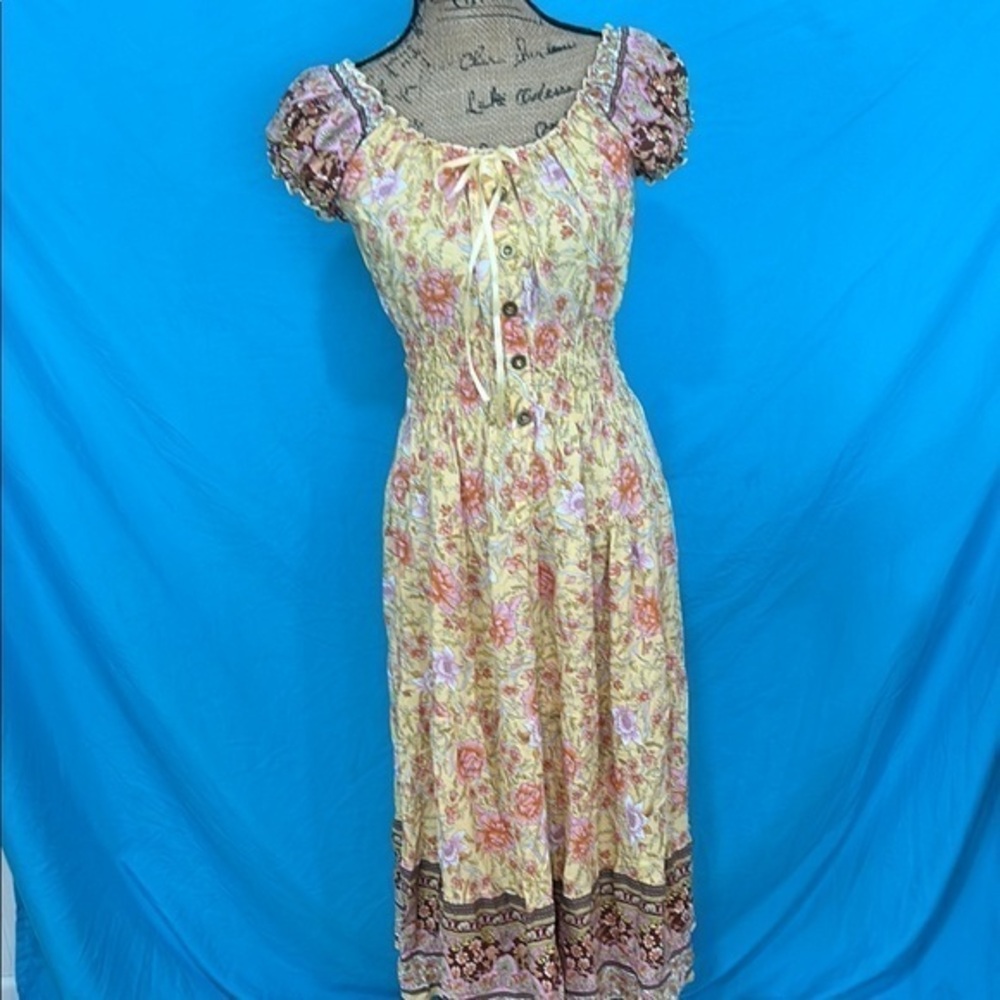 Pink Floral Midi Sundress with Puff Cap Sleeves Cottagecore Boho